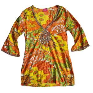 Y2k Tunic Beach Dress / Cover-Up Beaded Paisley Semi Sheer - Medium
